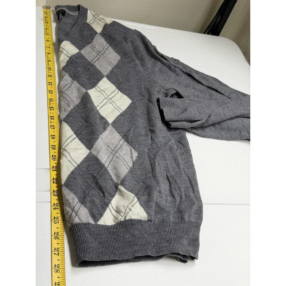 Banana Republic Sweater Mens Large Gray Extra Fine Merino Wool Argyle‎ Preppy